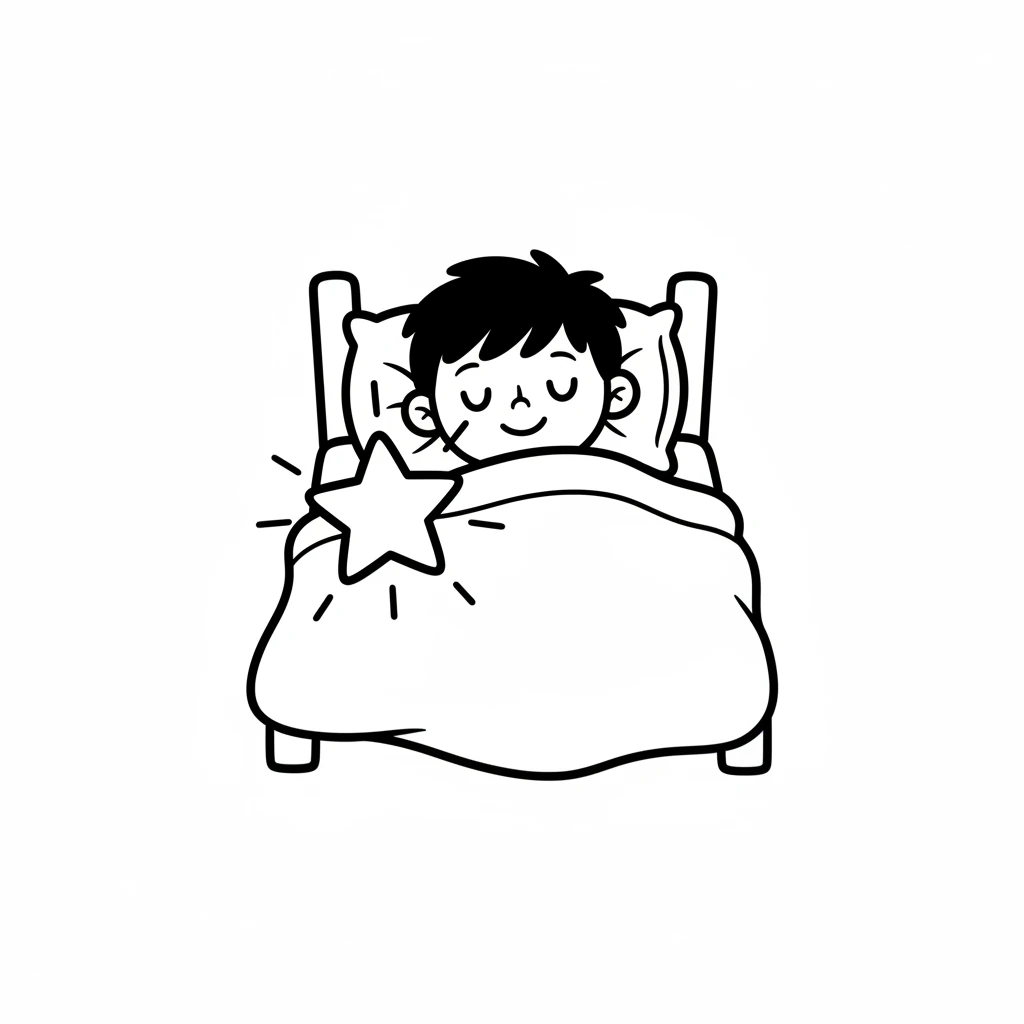 Pip is back in his bed, snuggled under his blanket. His sparkly star rests safely beside him, shining brightly. He closes his eyes, happy and content.