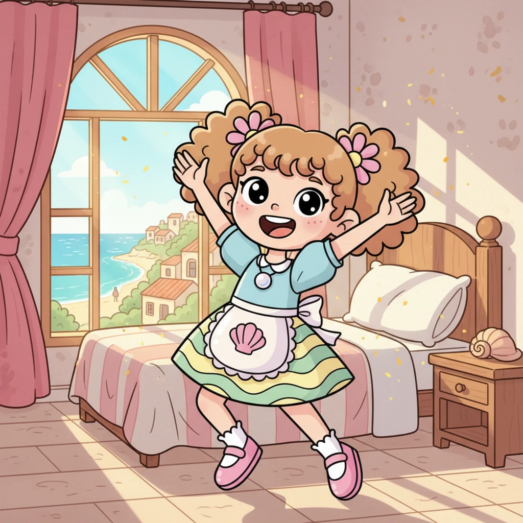 Pearl si sveglia nella sua casa sull'isola di Malta, il sole splende e l'aria profuma di mare. Con un grande sorriso, saluta il nuovo giorno, pronta per le sue avventure.