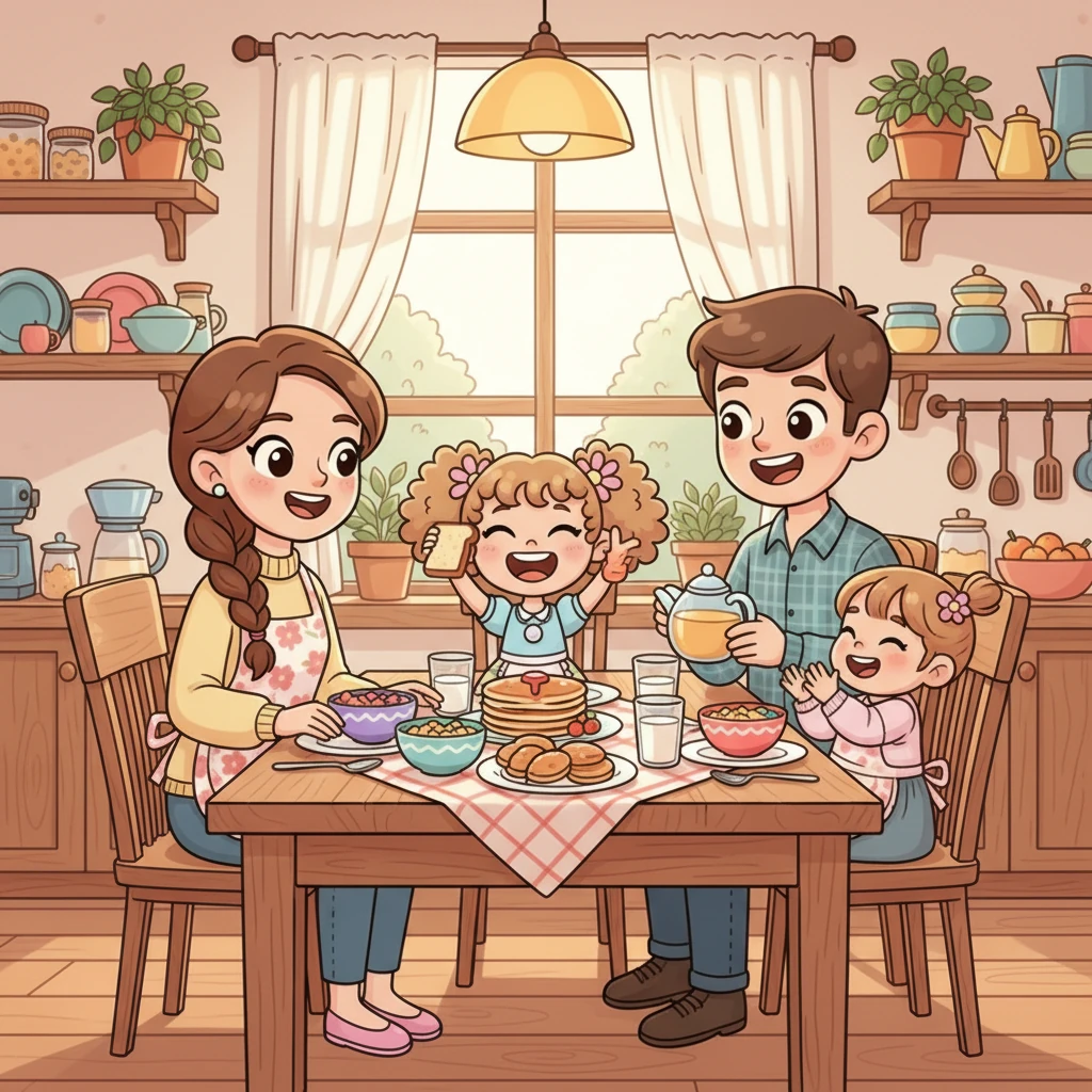 La cucina è già piena di risate e amore, con la mamma, il papà e la sorellina che fanno colazione insieme. Pearl si sente fortunata ad avere una famiglia così unita e felice.