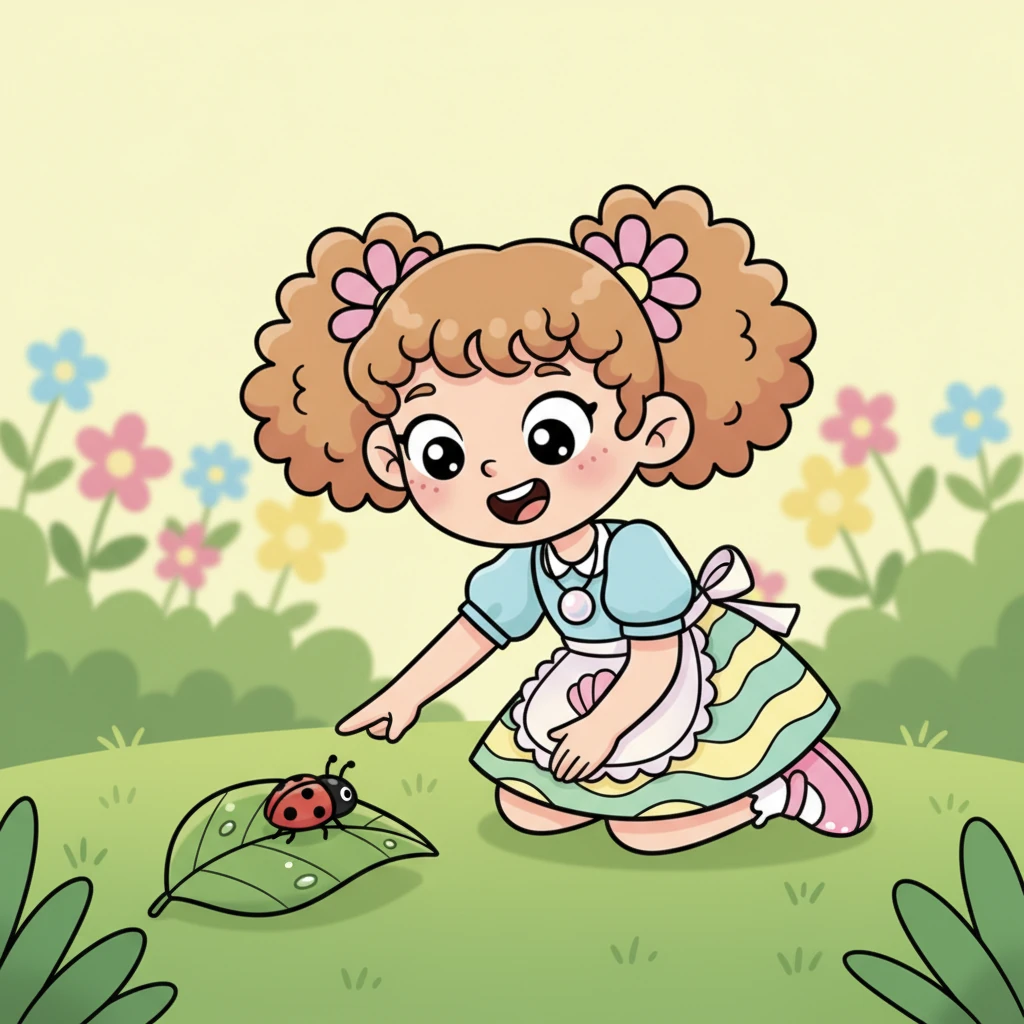 Con la sua curiosità nel cuore, Pearl esplora il giardino, osservando una coccinella rossa che si posa su una foglia verde. Ogni piccola scoperta la riempie di meraviglia.