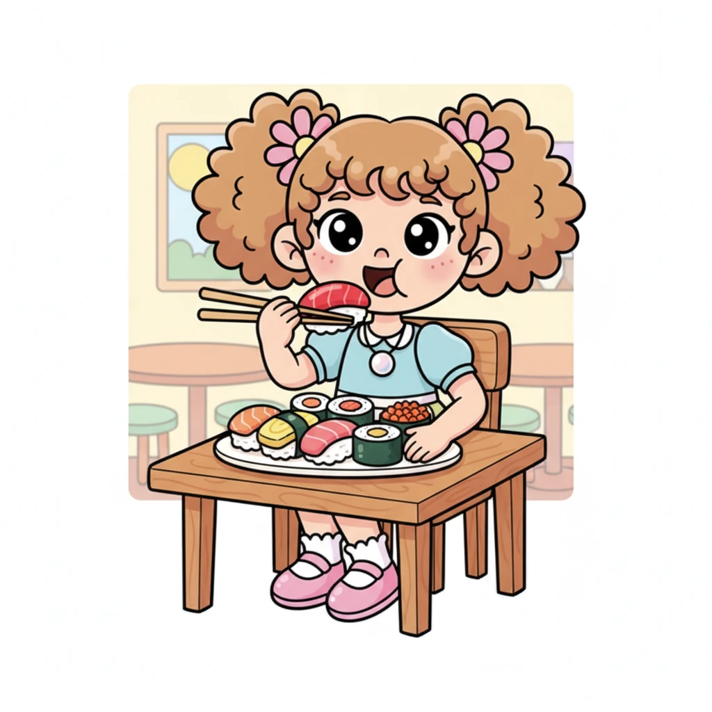A pranzo, Pearl si gusta il suo piatto preferito: un colorato e delizioso sushi. Ogni pezzetto è una piccola esplosione di sapori che la rende felicissima.
