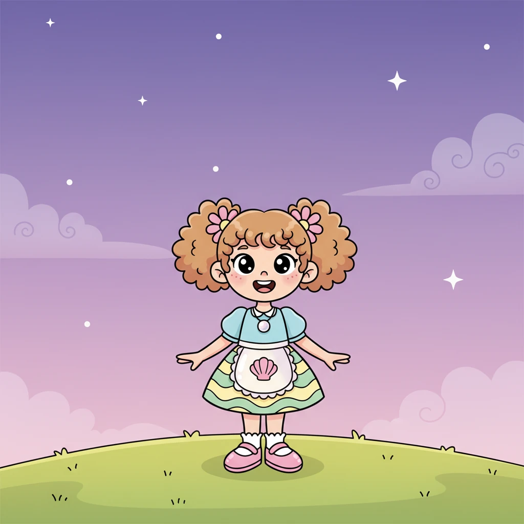 Nel pomeriggio, Pearl ammira il cielo sereno che sfuma in un viola incantevole, proprio come il suo colore preferito. Immagina storie magiche tra le stelle che presto appariranno.