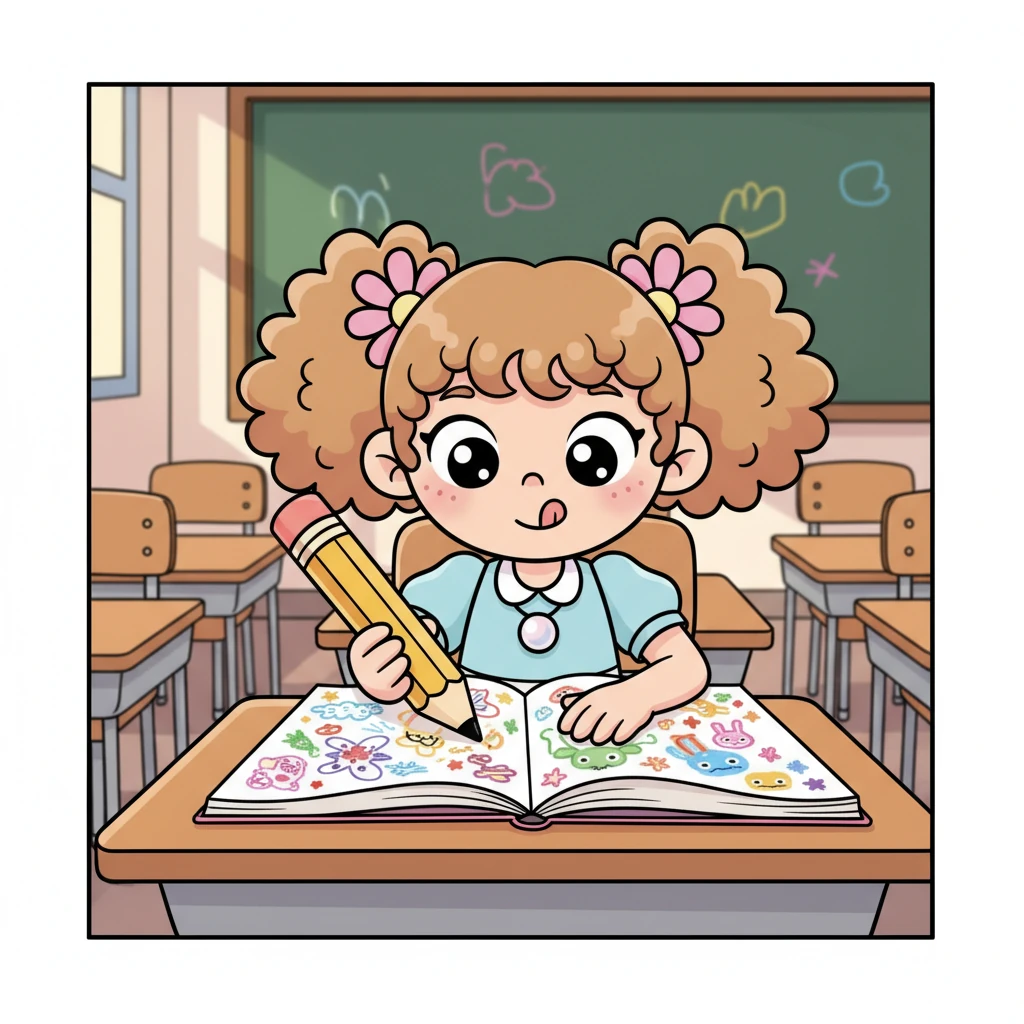 A scuola, durante l'ora di italiano, Pearl è completamente assorta, le sue mani tengono la matita e la sua mente viaggia tra le parole. Adora imparare nuove storie e esprimere la sua fantasia.