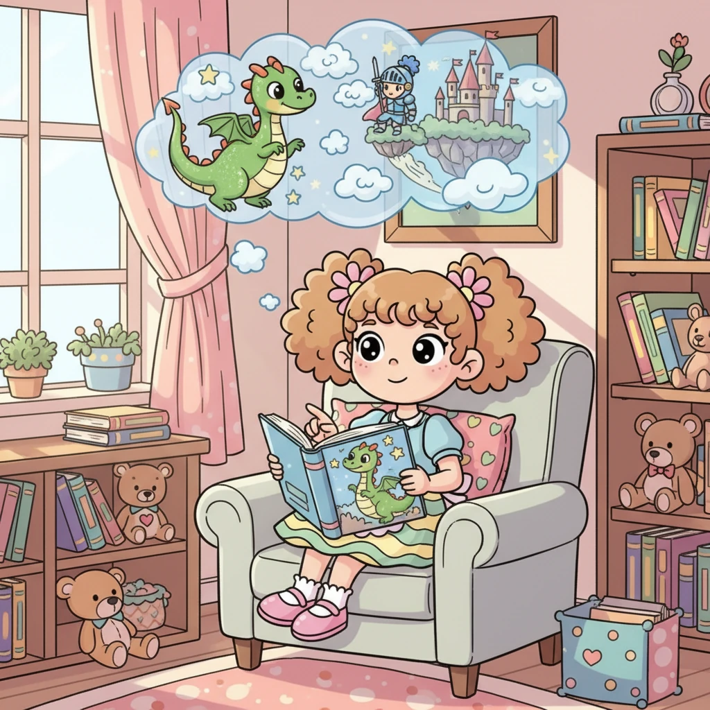 Tornata a casa, si rifugia nel suo angolo preferito, immersa nella lettura di un libro di avventura con draghi e cavalieri. Le sue dita seguono le parole e la sua immaginazione spicca il volo.