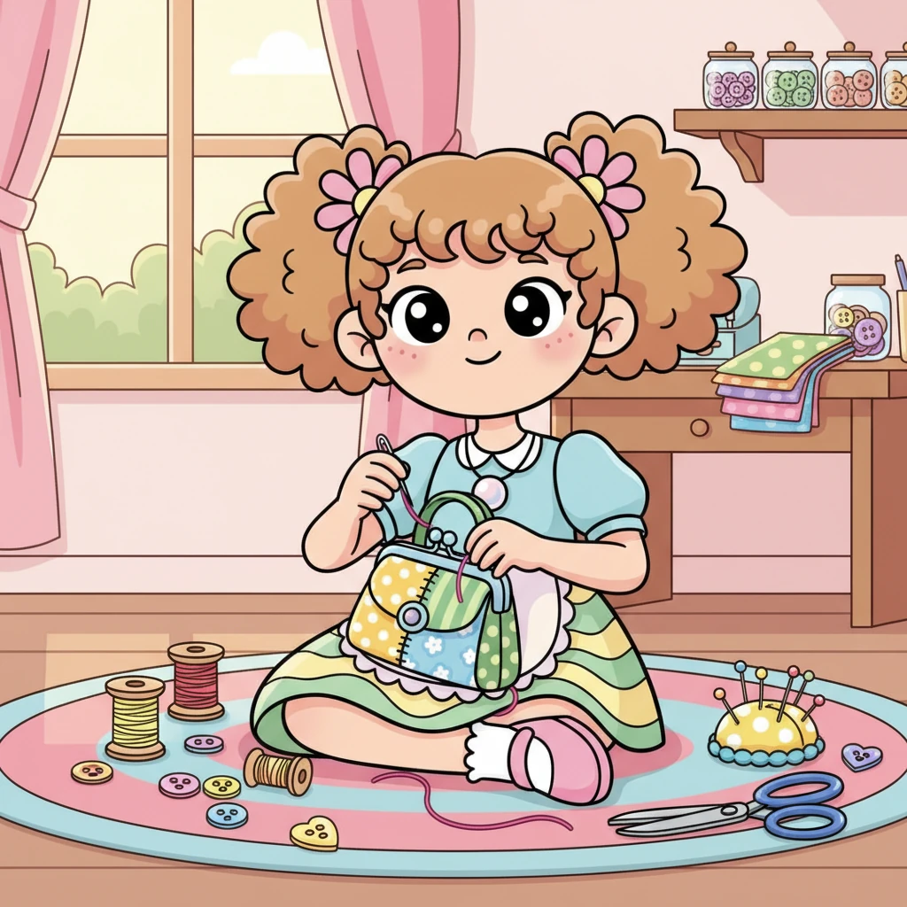 Con ago e filo, Pearl inizia a cucire una graziosa borsetta, scegliendo stoffe colorate e bottoni luccicanti. Ogni punto è fatto con cura e amore per il dettaglio.