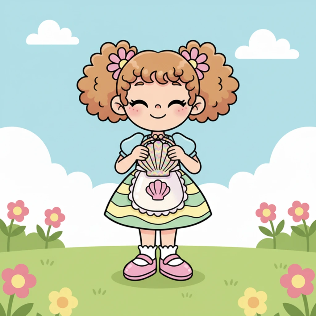 Finalmente, la borsetta è finita! Pearl la tiene in mano con orgoglio, ammirando il suo lavoro. È così felice di aver creato qualcosa di bello con le sue mani.