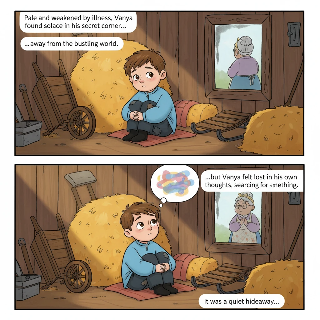 Pale and weakened by illness, Vanya found solace in his secret corner behind the old hayloft. It was a quiet hideaway among forgotten carts and sleds, a place where he could simply be, away from the bustling world. His grandmother often whispered prayers by the window, but Vanya felt lost in his own thoughts, constantly searching for something.