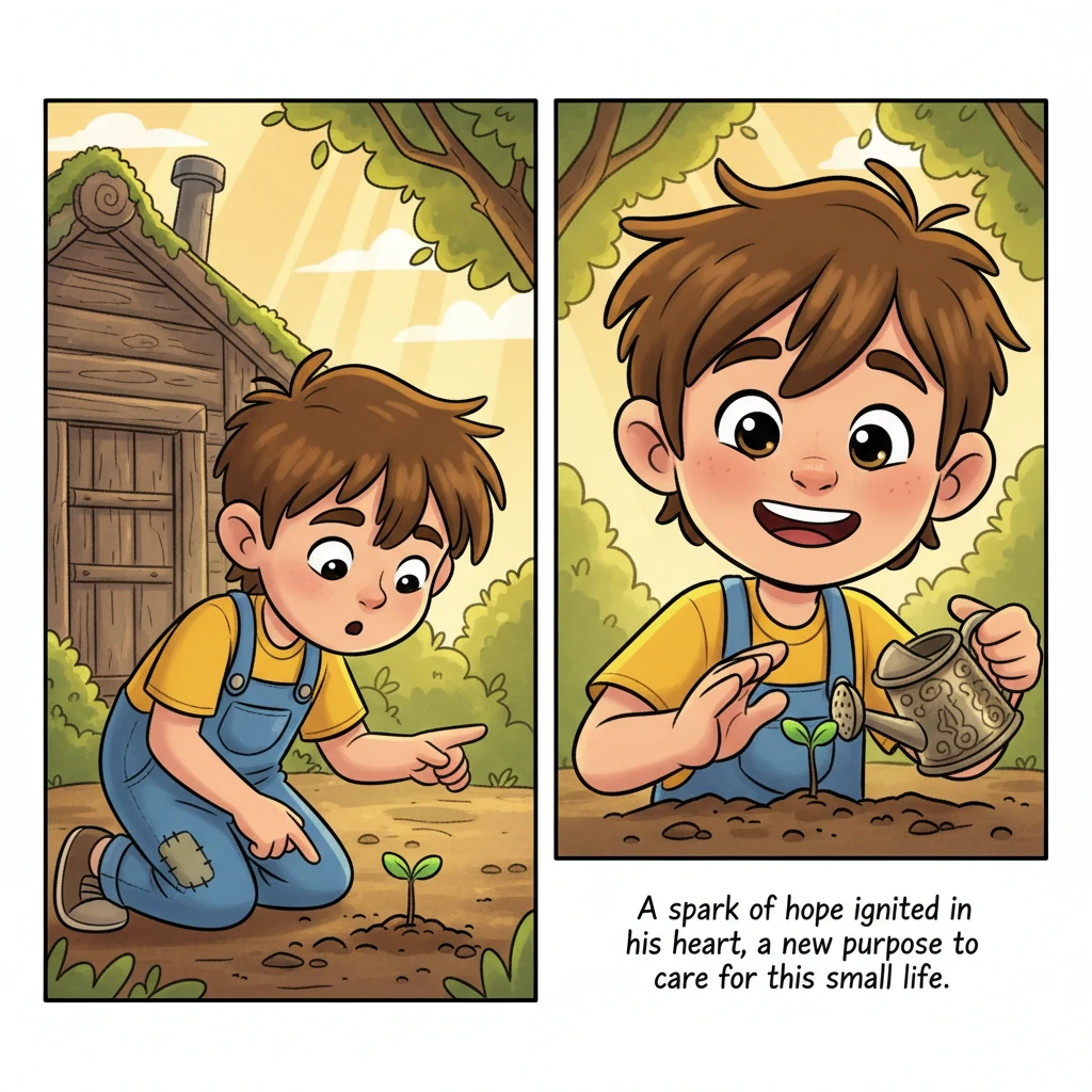 One warm, sunny day, as his illness finally began to subside, Vanya ventured behind the old bathhouse. There, peeking from the earth, he discovered a tiny sprout with a brown stem and two glistening leaves. A spark of hope ignited in his heart, a new purpose to care for this small life.