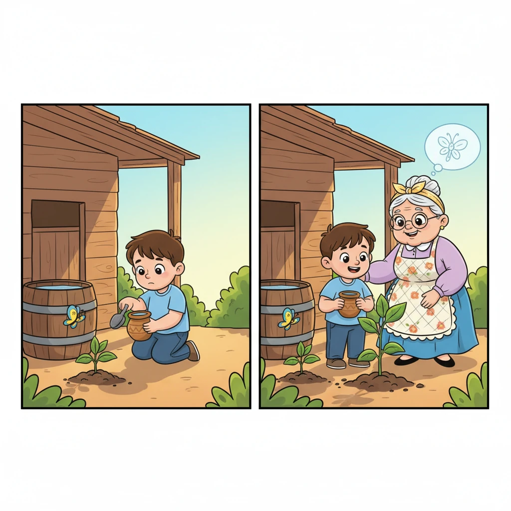 Vanya devoted himself to the little plant, carefully carrying water from the rain barrel in his clay scoop. He watched it grow, pushing away from the shed's shadow towards the sunlight, and soon it sprouted two more leaves. But his grandmother, with a gentle smile, told him it was just wild buckwheat, causing a pang of disappointment in his heart.