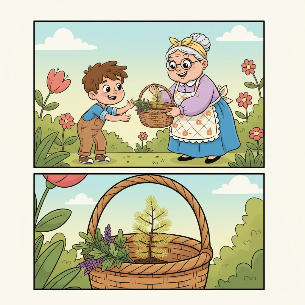 Not long after, his loving grandmother presented him with a woven basket, her eyes twinkling with a secret. Inside, nestled beneath a bundle of herbs, was a tiny larch sapling, its soft yellow needles like a baby bird's down. It was no bigger than a chick, full of promise and new beginnings.