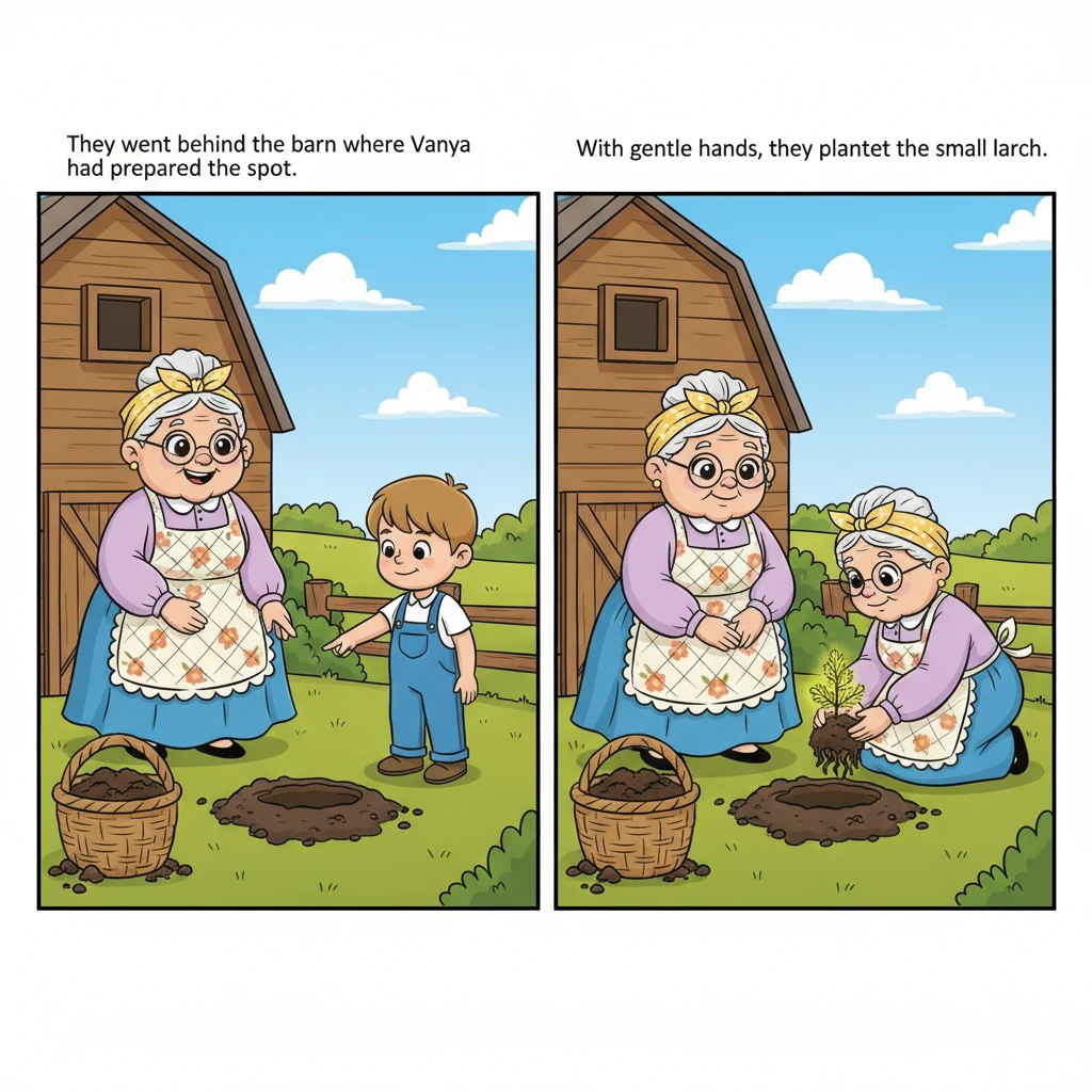 Together, they went behind the barn, where Vanya had already prepared a spot. He had gathered rich black earth and nourishing compost in an old basket. With gentle hands, they carefully lowered the small larch, still clinging to its own clump of soil, into the ground, leaving only its vibrant yellow tip visible.