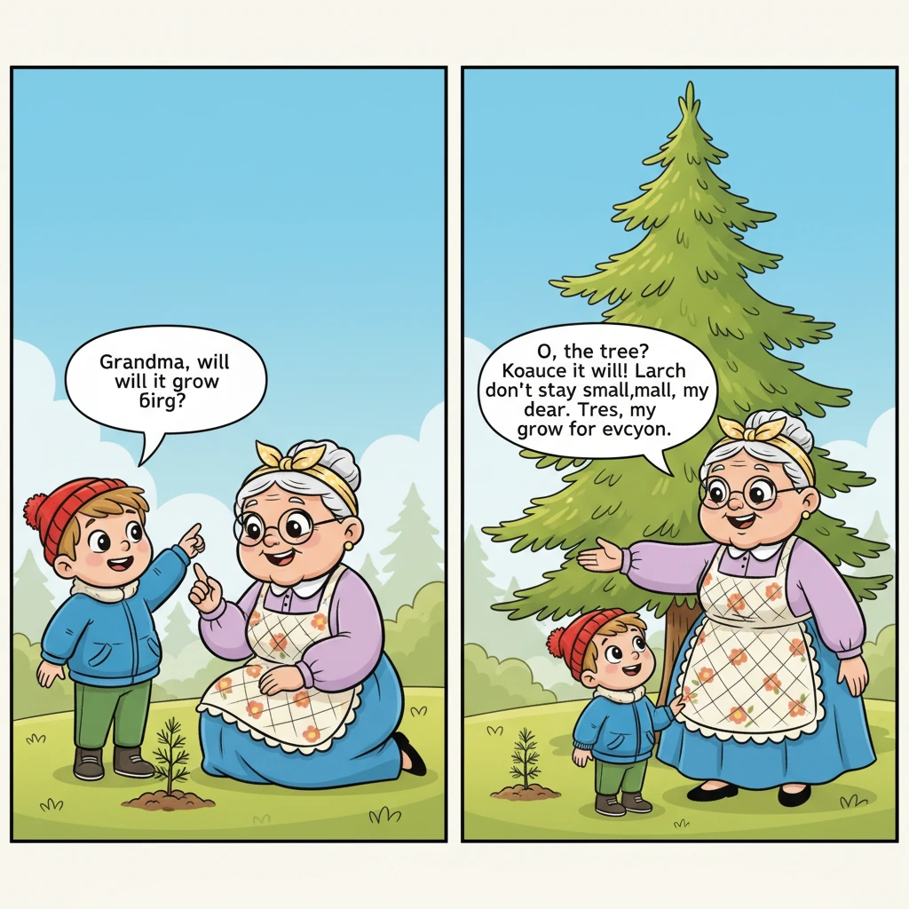 Vanya would always ask the same question: "Grandma, will it grow big?" His grandmother would smile, her eyes full of wisdom. "Oh, the tree? Of course it will! Larch trees don't stay small, my dear. Trees, my child, grow for everyone."