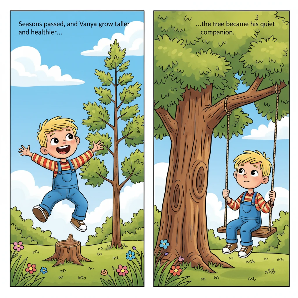 Seasons passed, and with each year, the little larch stretched taller and stronger, its branches reaching for the sky. Vanya, too, grew taller and healthier, his days filled with games and laughter. The tree became a quiet companion, a symbol of his own journey from sickness to strength.