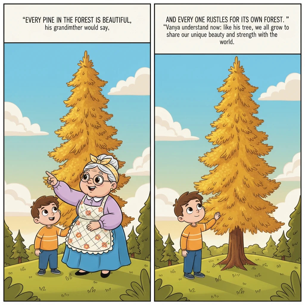 The magnificent larch stood tall, a testament to care and hope. "Every pine in the forest is beautiful," his grandmother would say, "and every one rustles for its own forest." Vanya understood now: like his tree, we all grow to share our unique beauty and strength with the world.