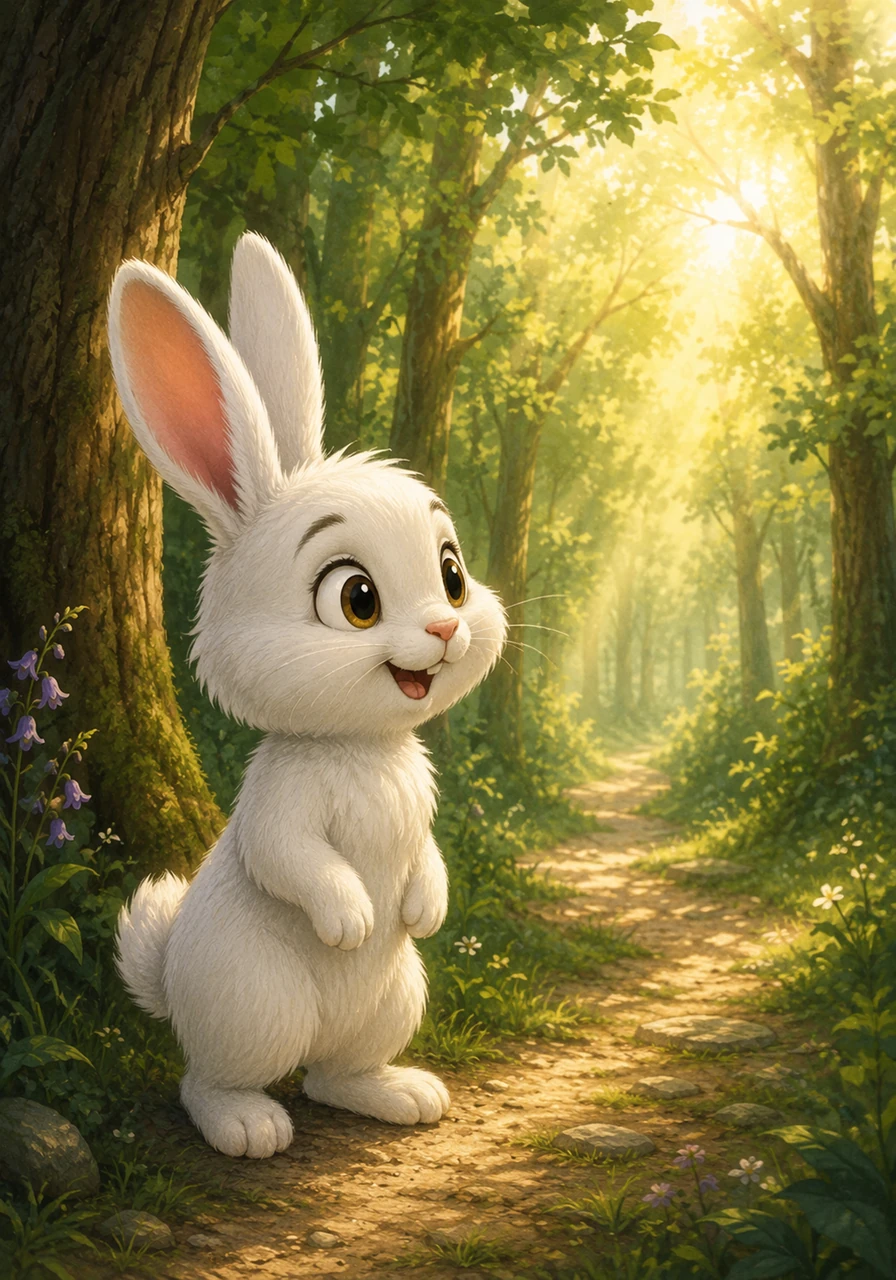 Luna the white rabbit stood at the edge of the Sparkling Woods, her long ears twitching with excitement. The trees were painted in soft shades of emerald and gold, calling her to explore their secrets under the morning sun.
