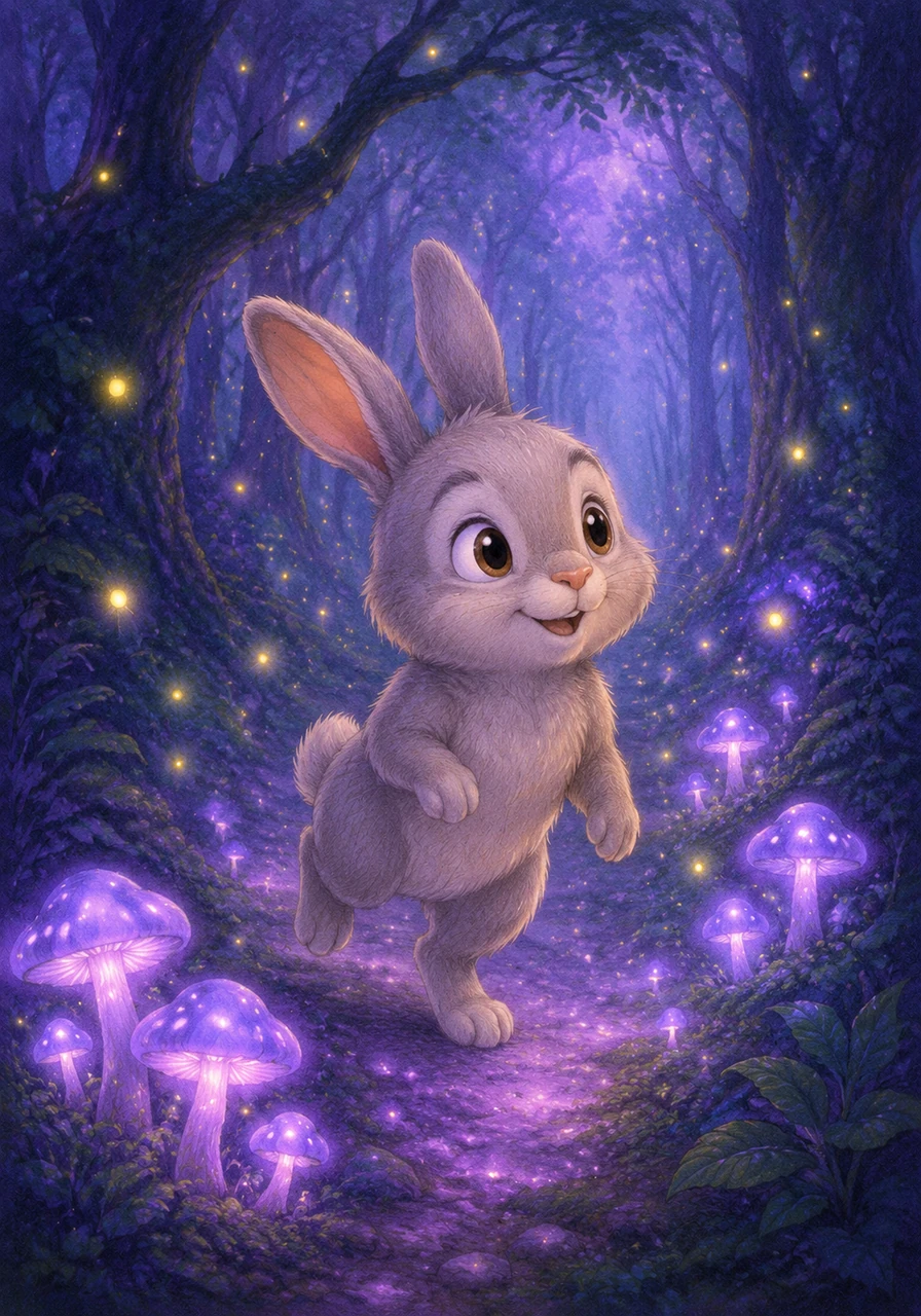 As Luna hopped deeper into the forest, the ground began to glow with soft, purple mushrooms. Tiny fireflies danced around her in the misty air, lighting up the path like a trail of fallen stars.