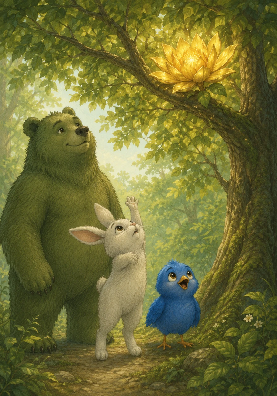 High above in the canopy, a magnificent Golden Bloom swayed in the breeze, its petals shimmering with ancient magic. Luna stretched as high as she could on her tiptoes, but the flower was much too far away for a little rabbit to reach.