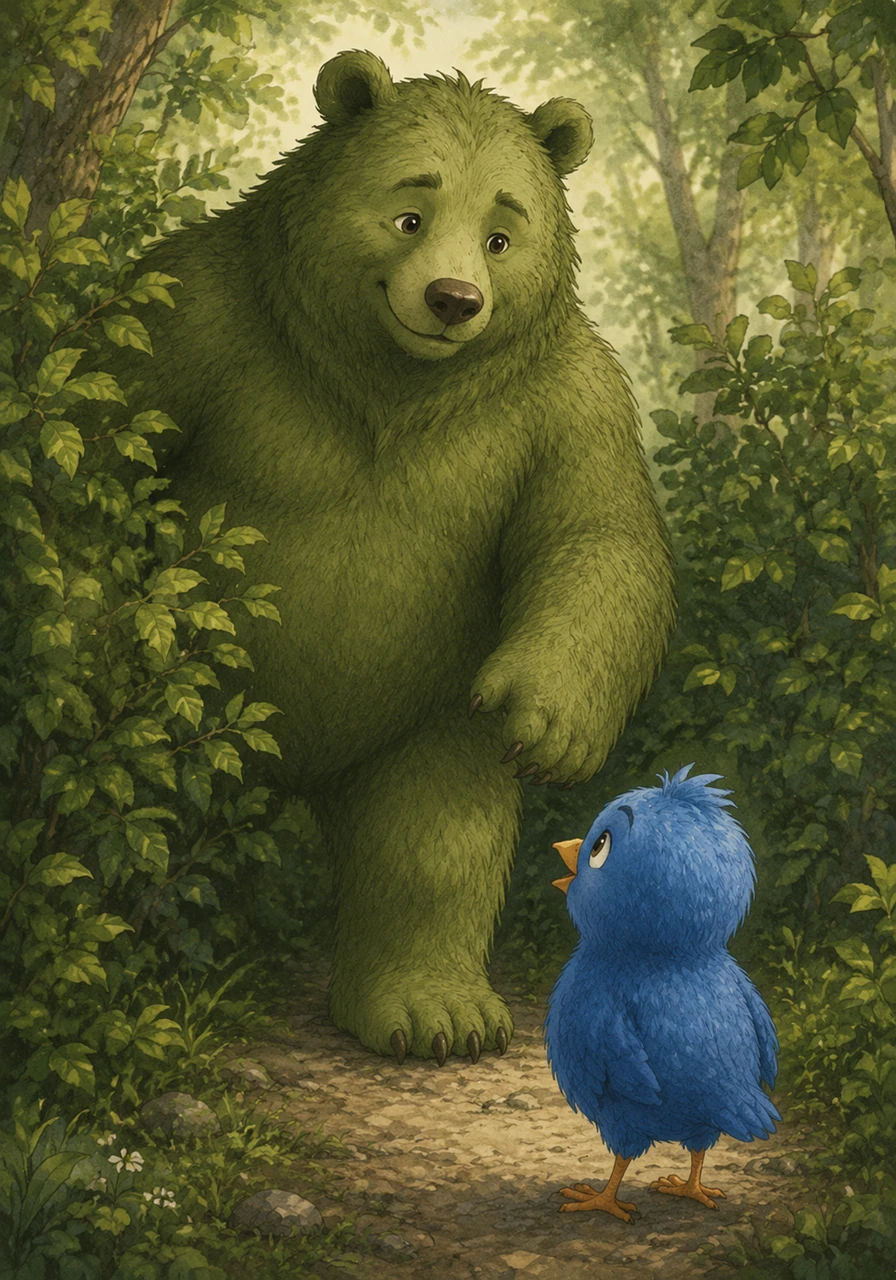 A gentle rustle came from the bushes, and out stepped Barnaby, a large bear with fur as soft as green moss. He smiled kindly at Luna and asked if she was looking for the magic of the woods, offering his help with a low, friendly rumble.