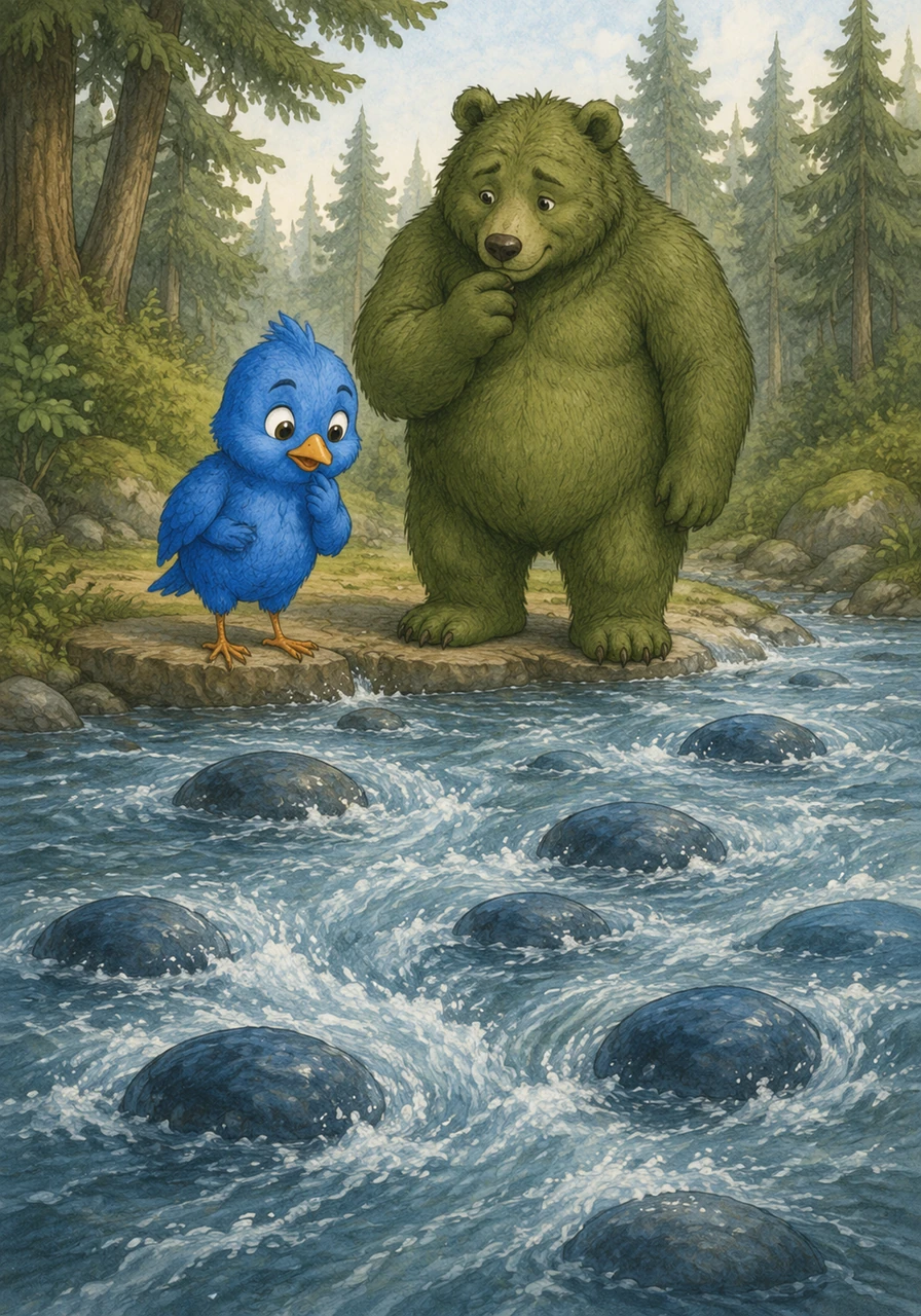 The three friends soon reached a wide, bubbling stream filled with slippery blue stones. The water moved too fast for Luna to jump across, and the stones were spaced too far apart for her small paws.