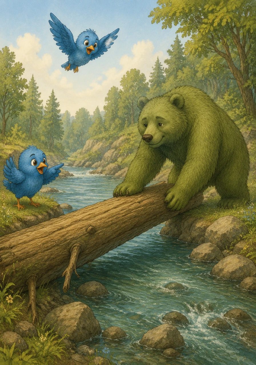 Barnaby used his great strength to nudge a fallen log across the water, creating a sturdy bridge for his friends. Luna carefully guided him from the bank, while Pip flew overhead to signal the safest path to the other side.
