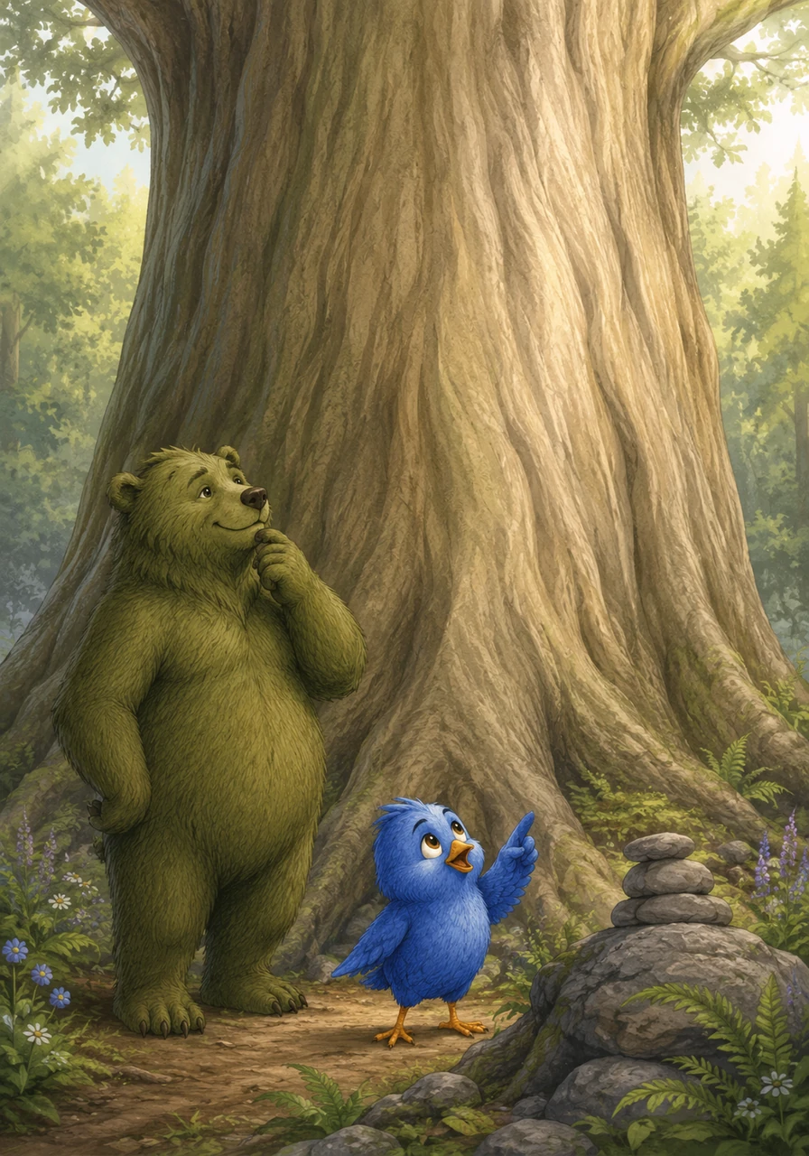 They finally reached the base of the Great Tree where the Golden Bloom lived, but the trunk was smooth and impossible to climb. Luna looked at her friends and realized they each had a special gift to share to reach the top.