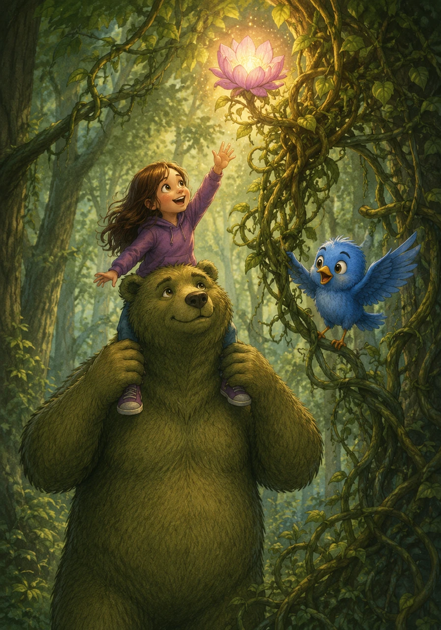 Barnaby gave Luna a gentle boost onto his broad, steady shoulders, and Pip fluttered his wings to clear away the tangled vines. With a little hop and a lot of help from her friends, Luna finally reached the glowing flower.