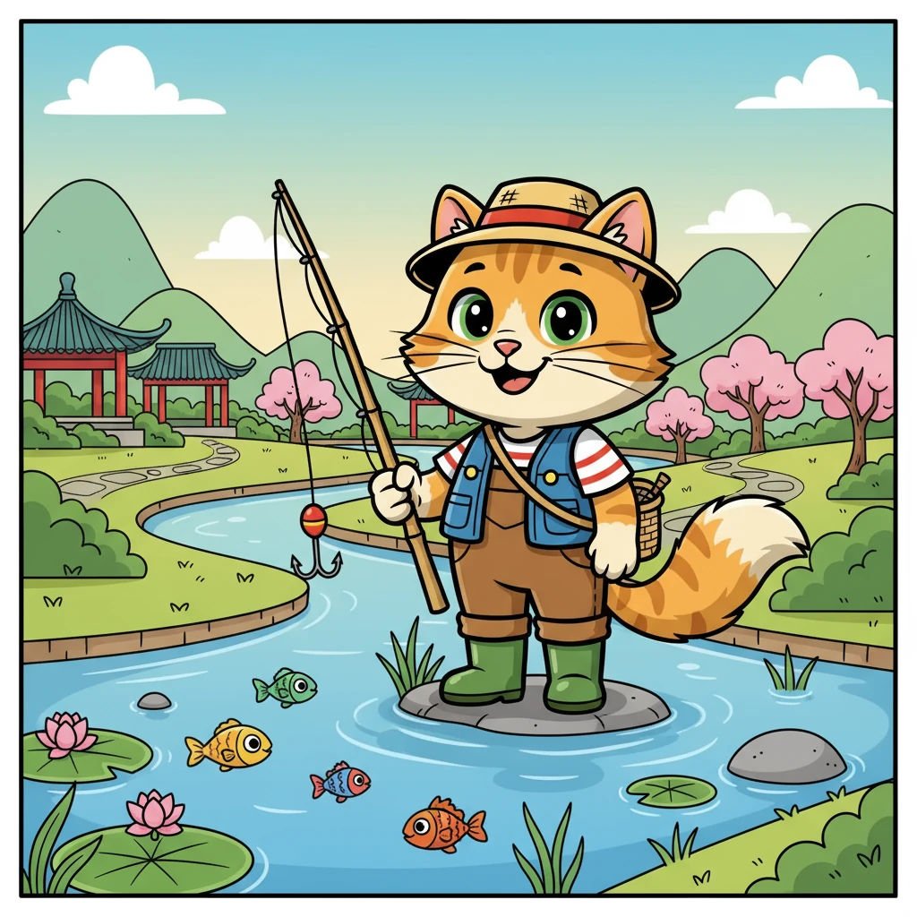 有一天，咪咪看到小鱼在水里游来游去，她决定去钓鱼。/ One day, Mimi saw little fish swimming in the water, and she decided to go fishing.