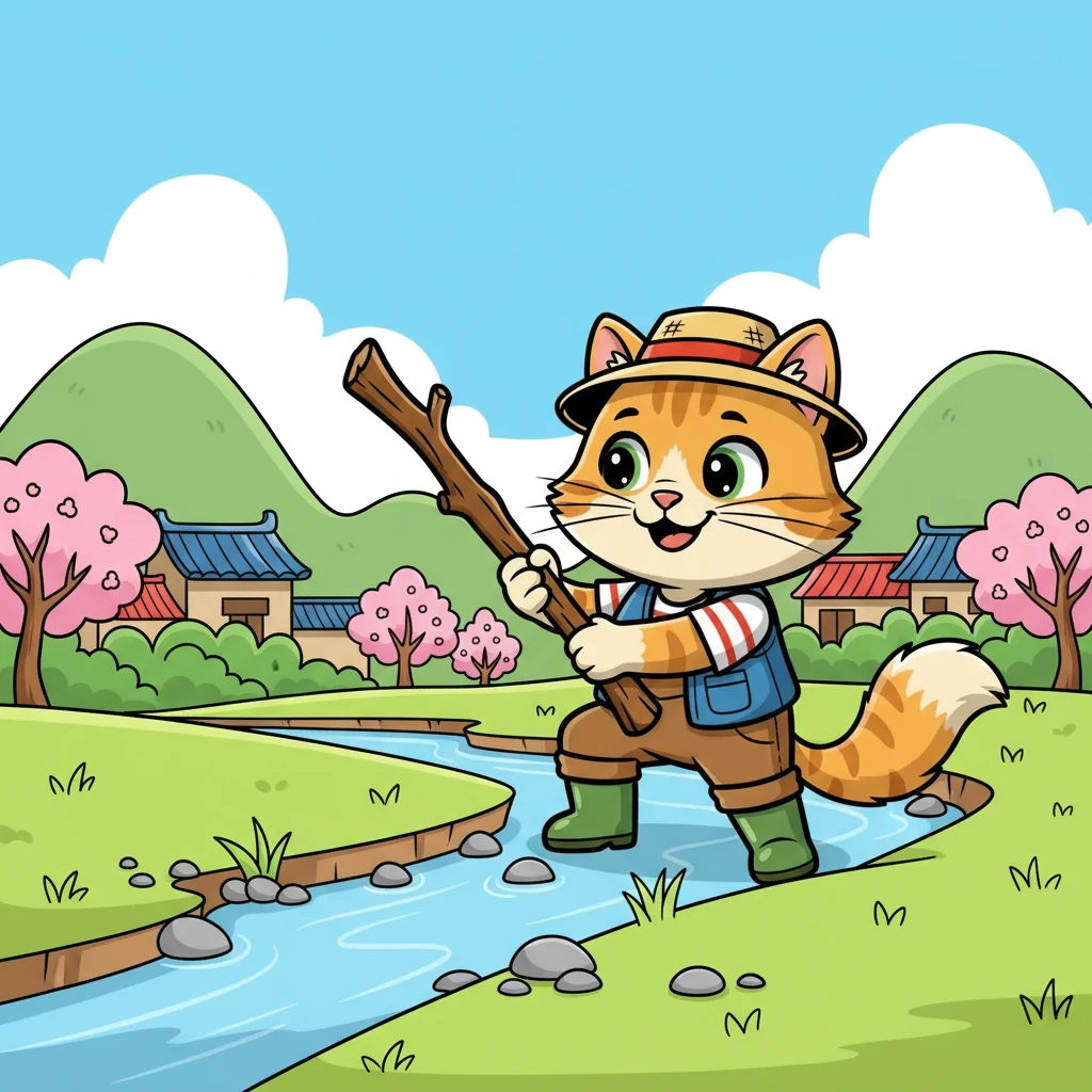 咪咪找来一根小木棍，当作钓鱼竿。/ Mimi found a small stick to use as a fishing rod.