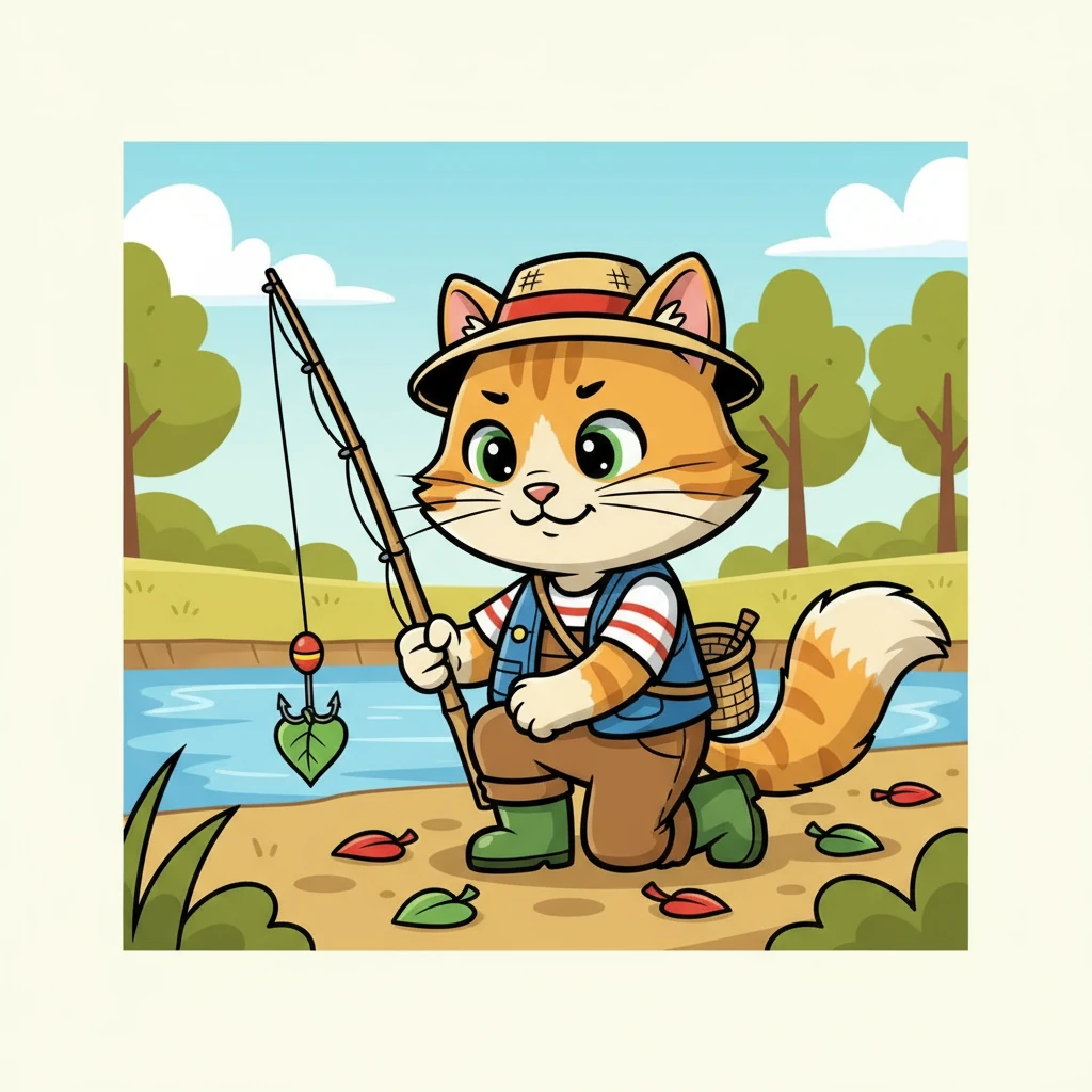 咪咪没有鱼饵，她从地上捡起一片小叶子，挂在鱼线上。/ Mimi didn't have any bait, so she picked up a small leaf from the ground and hung it on the fishing line.