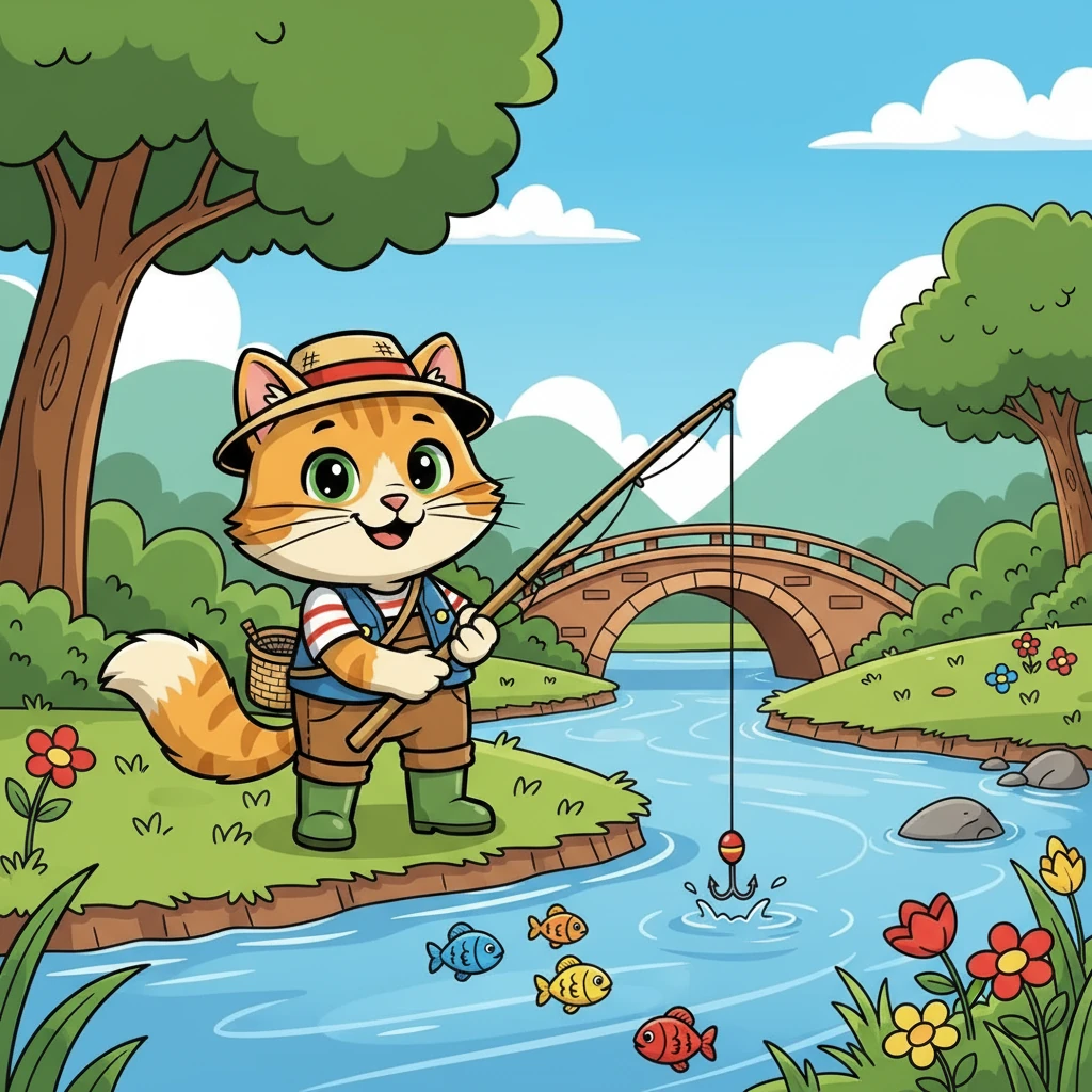 咪咪来到小河边，小心翼翼地把鱼线放进水里。/ Mimi went to the river and carefully put the fishing line into the water.