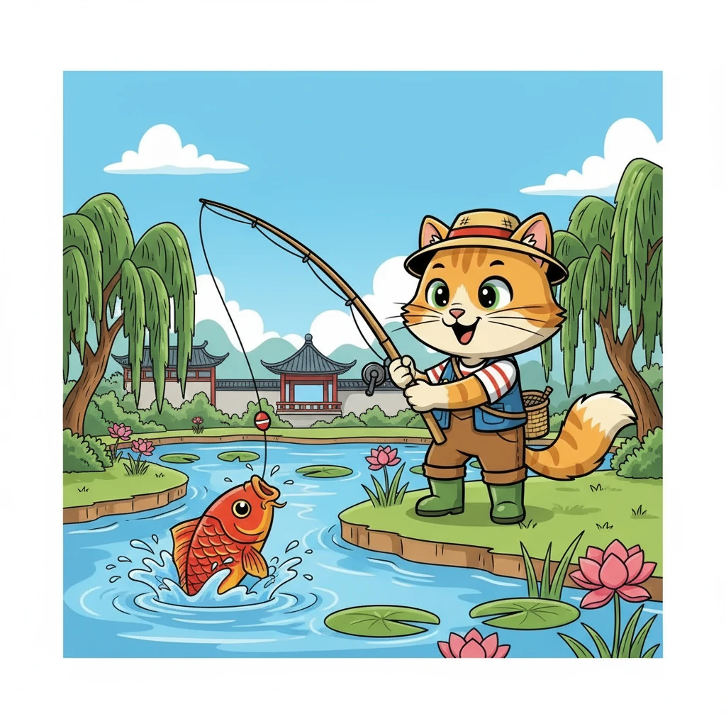 突然，鱼线动了！咪咪赶紧拉起鱼竿。/ Suddenly, the fishing line moved! Mimi quickly pulled up the fishing rod.