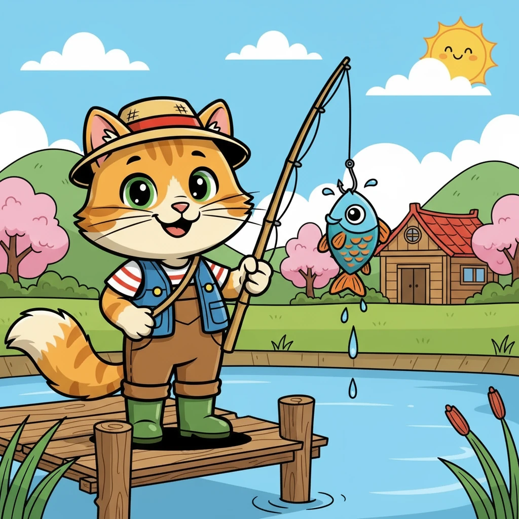 咪咪钓到了一条小鱼！她开心地笑了。/ Mimi caught a little fish! She laughed happily.