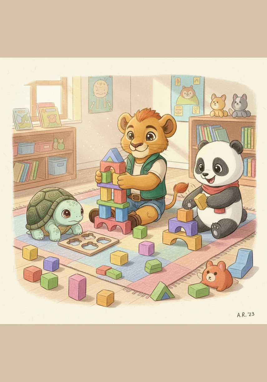 In the bright and cozy Sunny Meadow classroom, Leo the Lion and his friends are busy playing with colorful blocks and puzzles. The room is filled with the happy sounds of laughter and the soft clack-clack of wooden toys hitting the floor.
