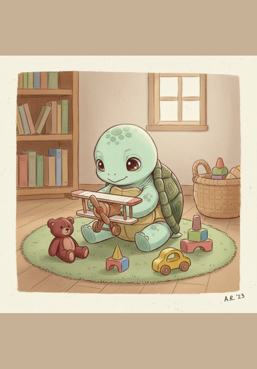 Toby the Turtle sits on the soft green rug, slowly spinning the wheels of a shiny red fire truck. He loves the way the wheels go whirrr and focuses intently on the bright colors and smooth shapes.