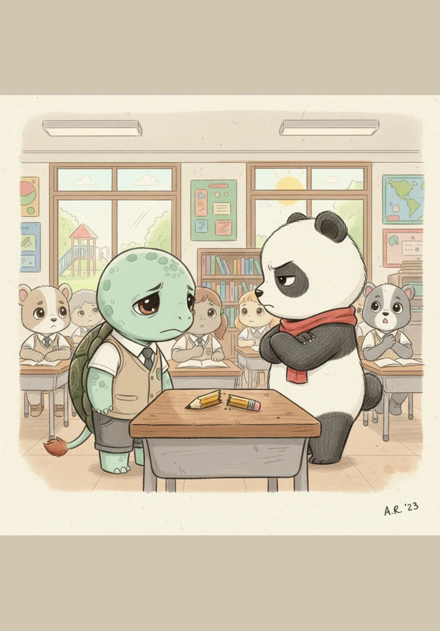 The classroom atmosphere becomes tense as the two friends struggle over the single toy. Toby begins to retreat into his shell with a sad sigh, while Pip’s face turns cloudy with frustration and impatience.