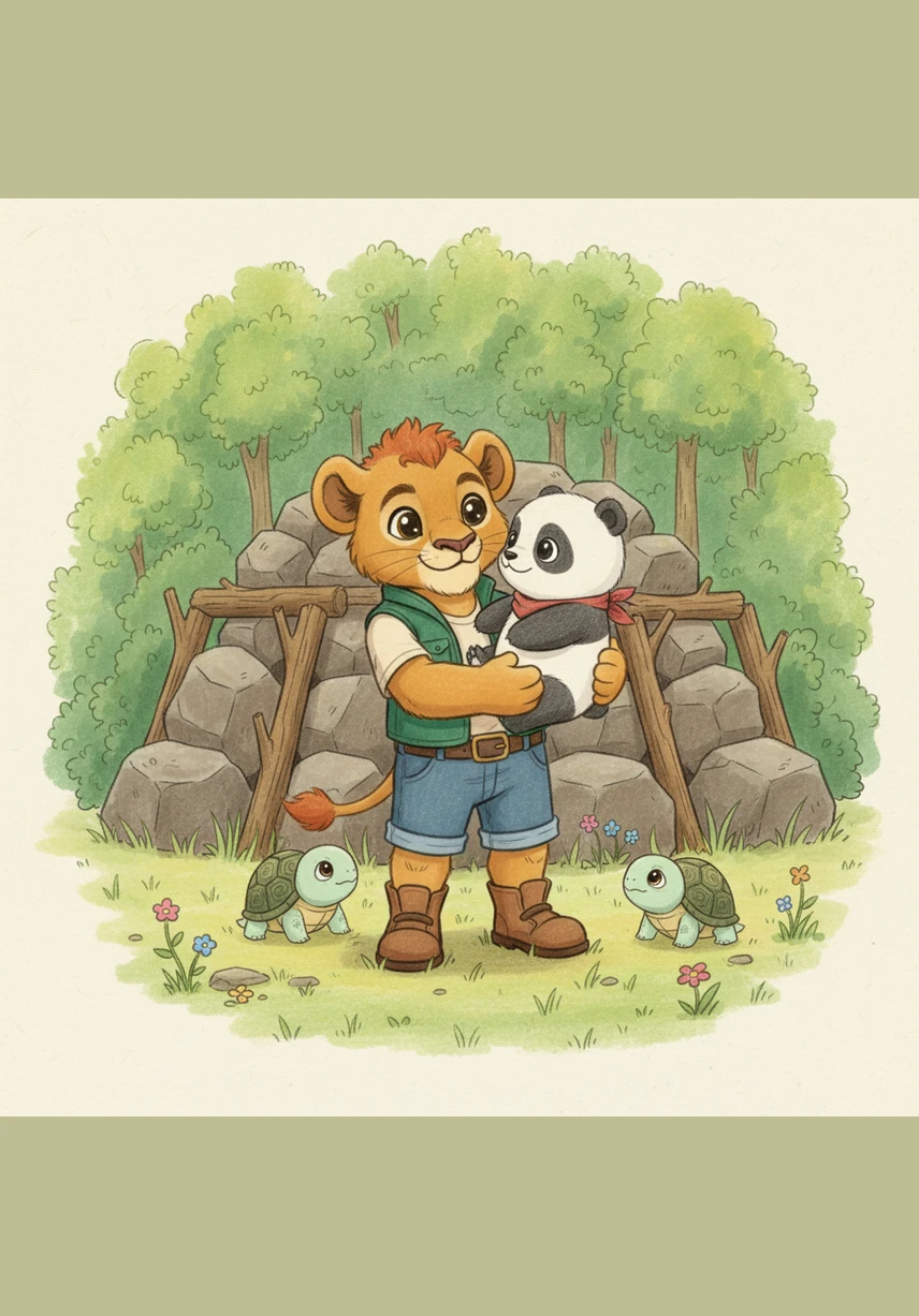 Leo the Lion sees his friends struggling and walks over with a kind, calm smile on his face. Step, step, step, his soft paws make no sound as he approaches to help his friends find a solution.