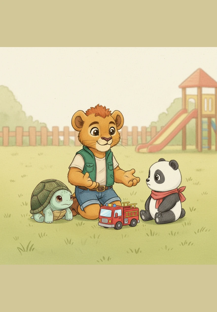 Leo kneels down and says in a gentle voice, We need to share so everyone can have a turn to be happy. He explains that the fire truck is a special toy for everyone to enjoy if they work together.