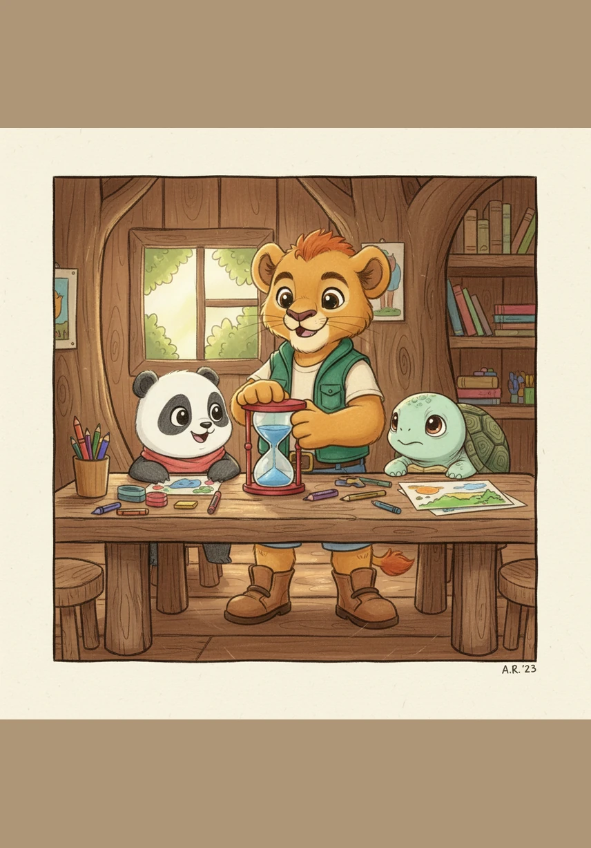 Leo holds up a colorful sand timer and places it on the table where everyone can see it. Now, it is one minute for Toby's turn, and when the sand runs out, it will be Pip's turn, he explains clearly. Tick-tock, tick-tock.