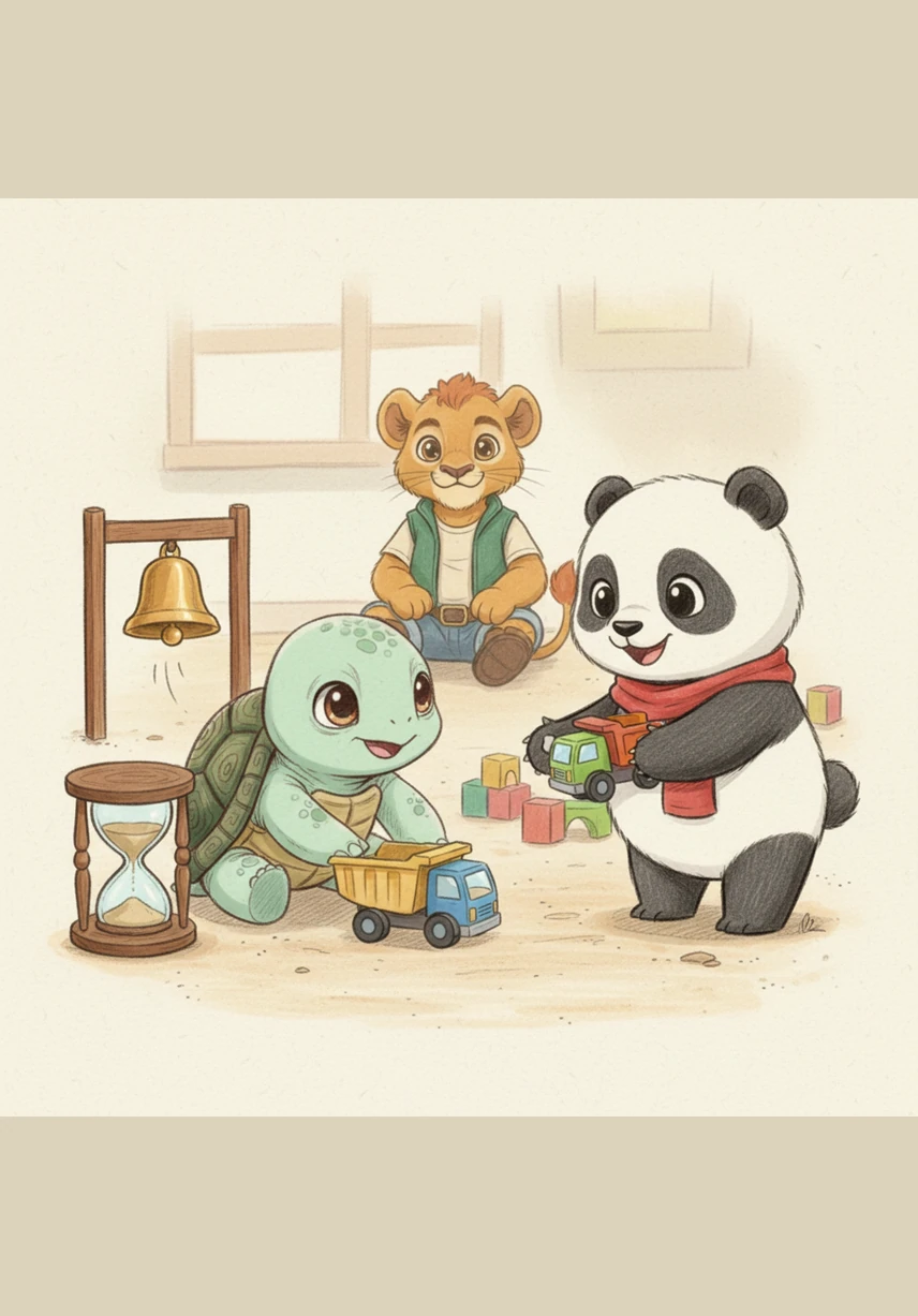 When the last grain of sand drops, a soft bell goes ding and Toby happily pushes the truck over to Pip. Pip smiles wide and says thank you, realizing that waiting for his turn actually made the toy more fun to play with.