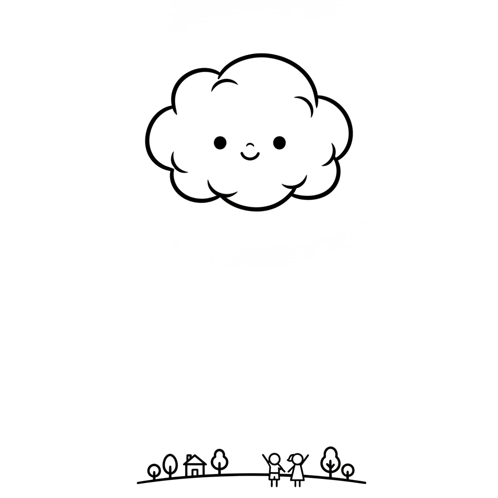 Pip was a little cloud, round and soft. He floated happily in the big blue sky, watching the world below. Pip loved to drift and see all the interesting things on the ground.
