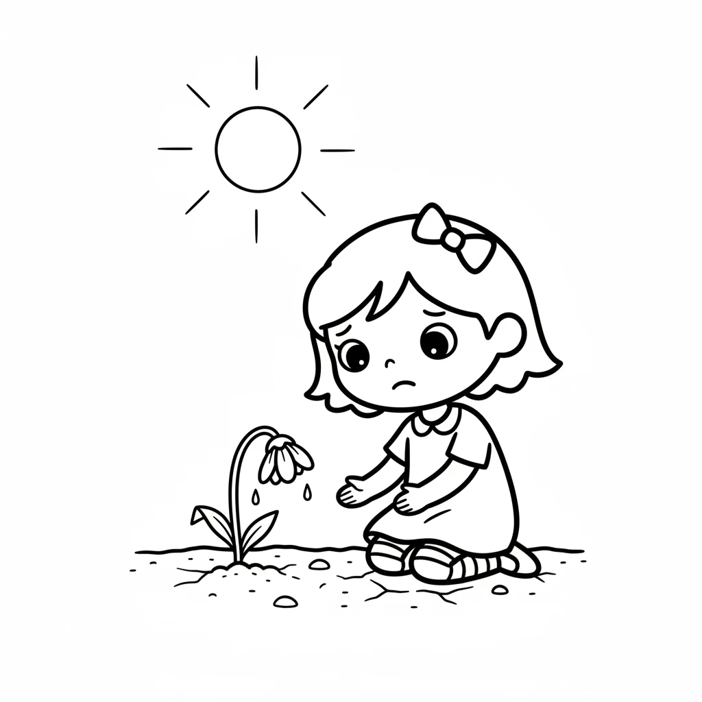 One sunny morning, Pip saw a small, sad flower. Its petals drooped, and its leaves looked very dry. The little flower was all alone, looking very thirsty under the bright sun.