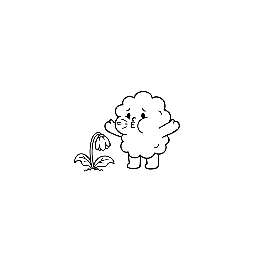 Pip felt a little tug in his cloudy heart. He wanted to help the flower, but he didn't know how to give it water. He tried to puff, but no rain came out.