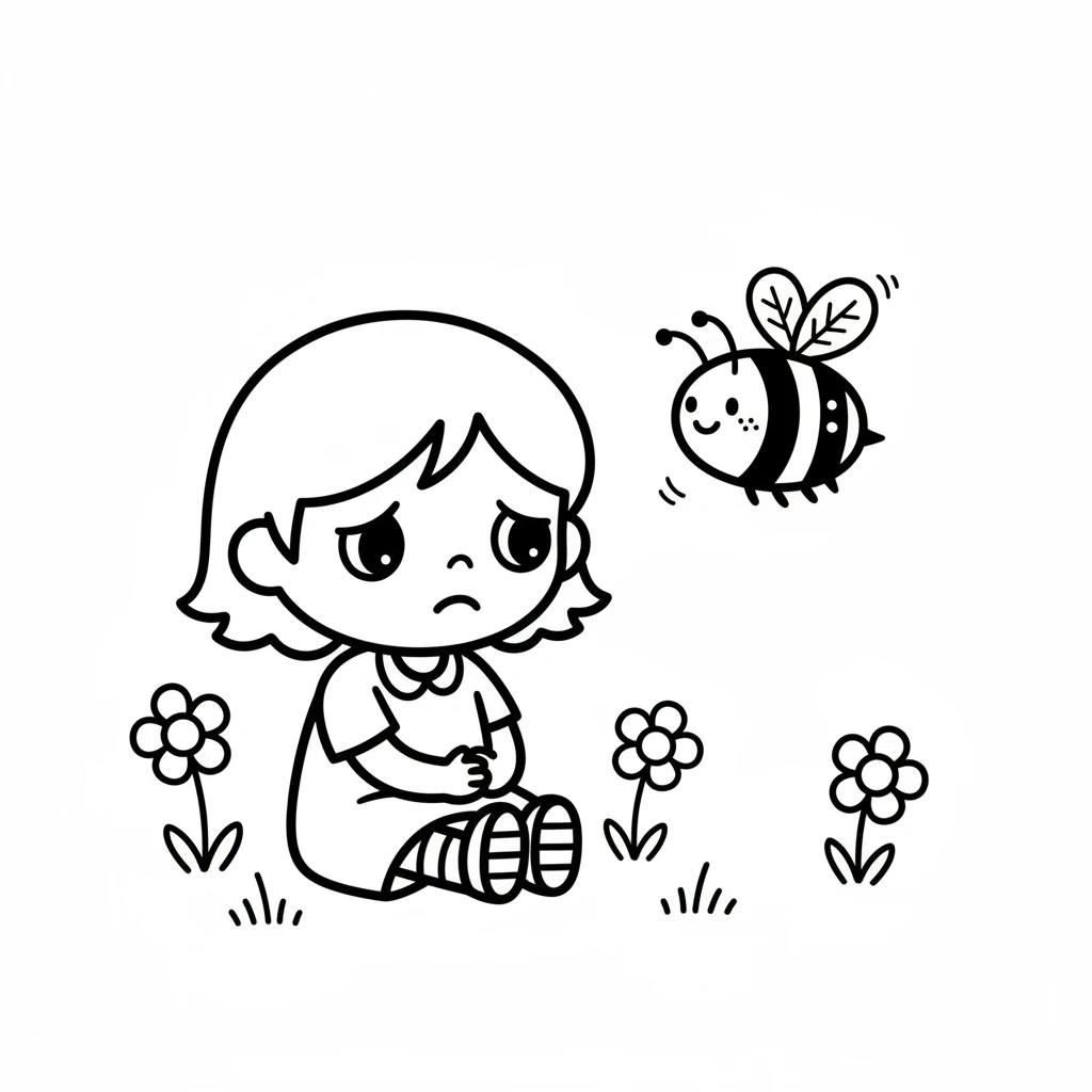 Suddenly, a tiny bee named Buzz buzzed by. Buzz had shiny wings and a happy stripey body. He saw Pip looking sad and floated closer to say hello.