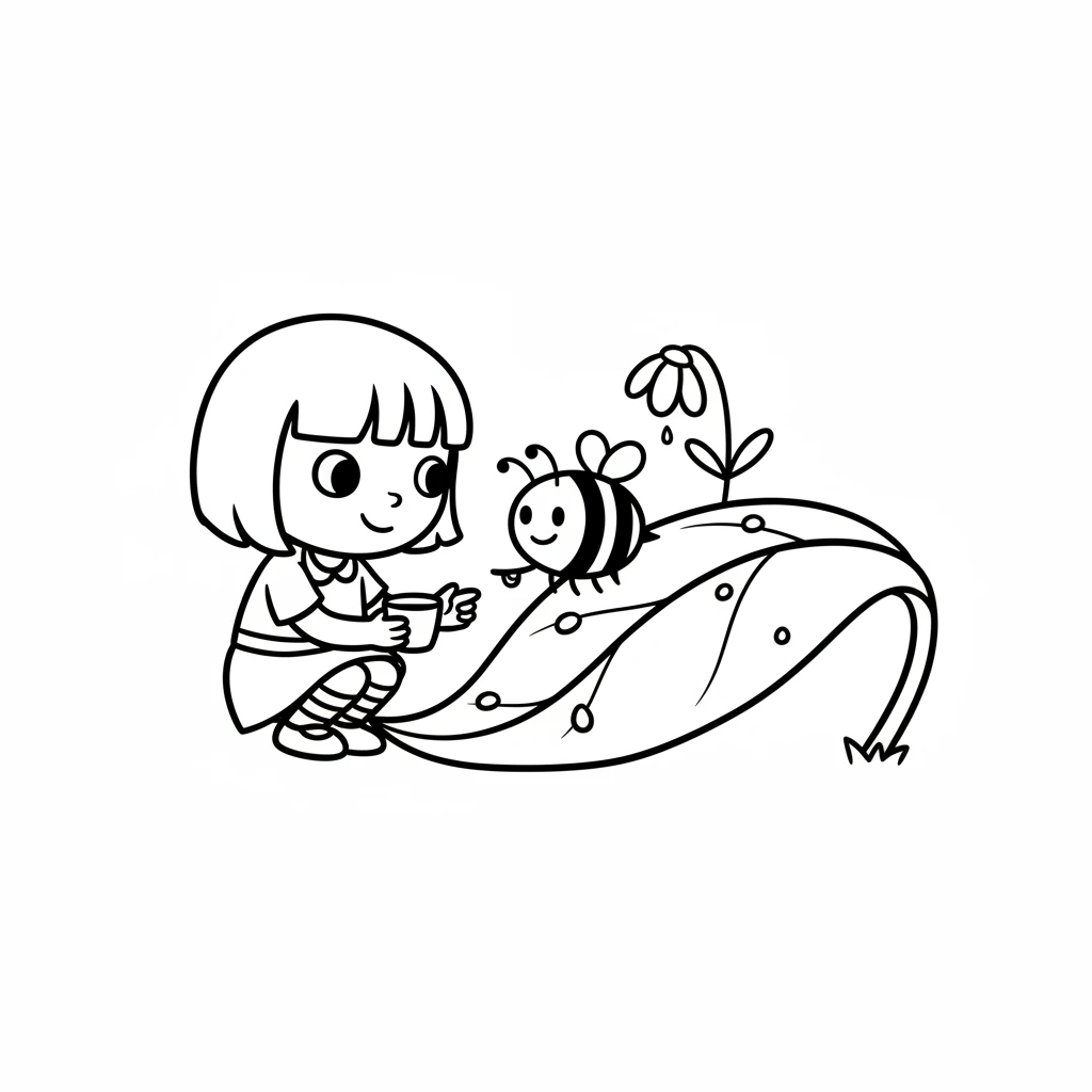 Pip told Buzz about the thirsty flower. Buzz, being a very clever bee, knew just what to do! He showed Pip how to gently collect tiny drops of morning dew from big green leaves.