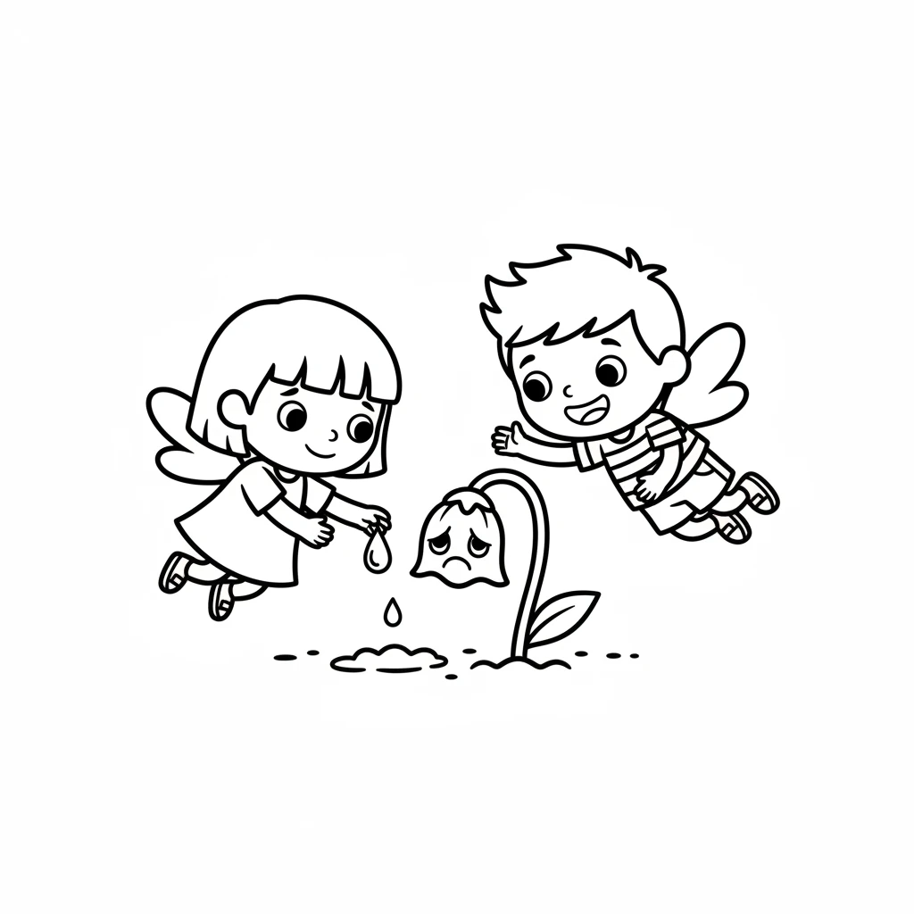 They flew down to the sad little flower. Pip slowly dripped the dew onto its roots, drop by precious drop. Buzz watched with a smile, knowing they were doing good.