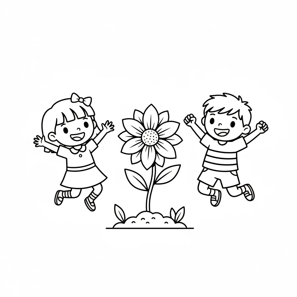 The next day, the flower bloomed into the most beautiful, vibrant blossom! Pip and Buzz cheered with delight. Their kindness had made the world a little more colorful.