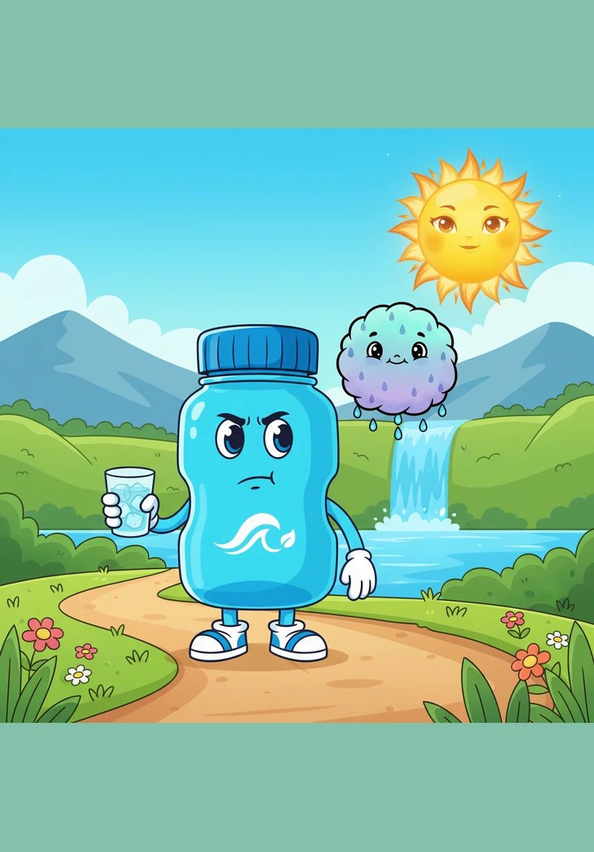 Biru adalah botol minum berwarna biru cerah yang sedang merasa sangat haus karena isinya sudah habis total. Di bawah terik matahari yang menyengat, ia menyadari bahwa keran di dapur tidak mengeluarkan setetes air pun hari ini. Dengan semangat kecilnya, Biru memutuskan untuk melompat dari meja dan memulai petualangan besar mencari sumber air bersih untuk mengisi perutnya yang kosong.