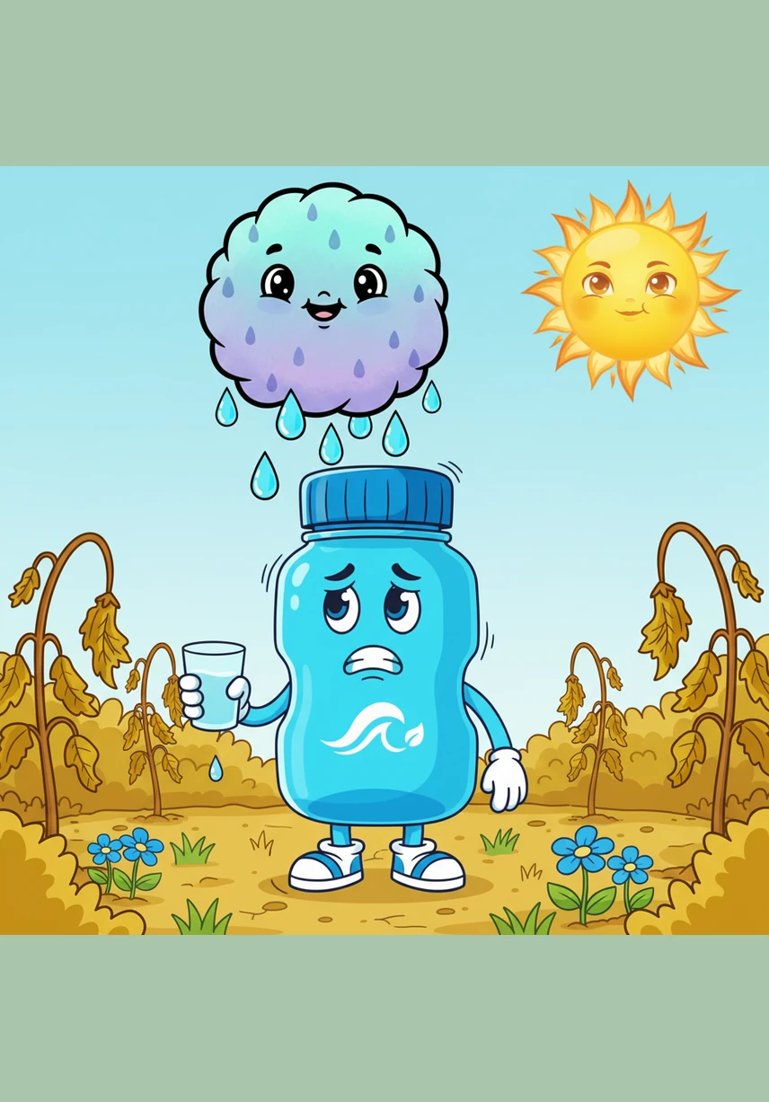 Di tengah taman yang mulai menguning, Biru bertemu dengan Pohon Tua yang bijak dengan daun-daun yang layu. Pohon itu menjelaskan bahwa akar-akarnya pun kesulitan mencari air di dalam tanah yang kering karena sudah lama hujan tidak turun. Biru belajar bahwa air sangat berharga bagi semua makhluk hidup dan ia harus terus berjalan mengikuti arah angin yang terasa sedikit lembap.