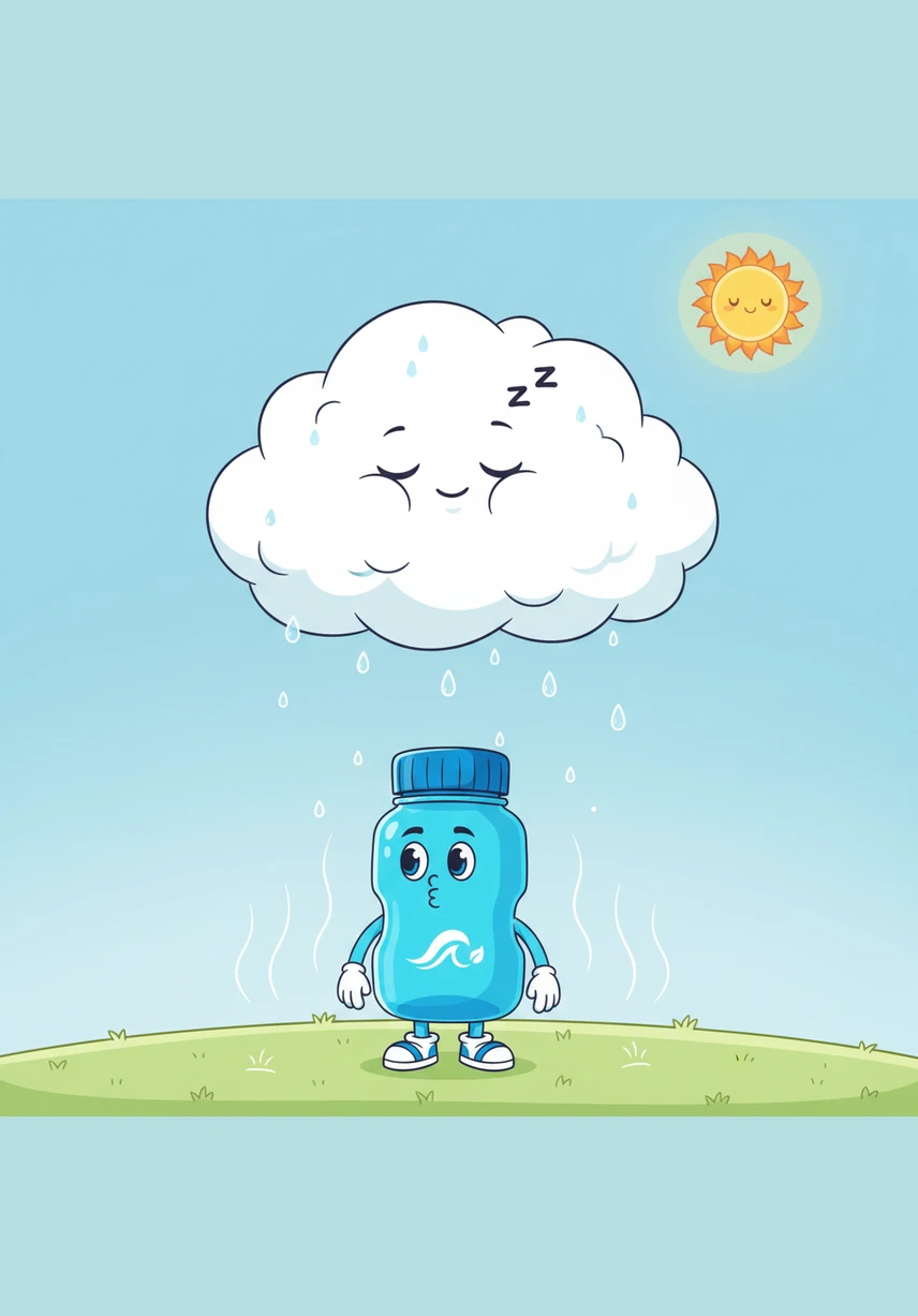 Biru menengadah ke langit yang luas dan menyapa Awan putih yang terlihat sangat gemuk dan mengantuk. Awan bercerita tentang siklus ajaib di mana air menguap karena panas matahari, berkumpul menjadi awan, dan akhirnya jatuh kembali ke bumi sebagai hujan yang menyegarkan. Biru merasa takjub melihat betapa jauhnya perjalanan setetes air sebelum akhirnya bisa sampai ke dalam botol minum seperti dirinya.