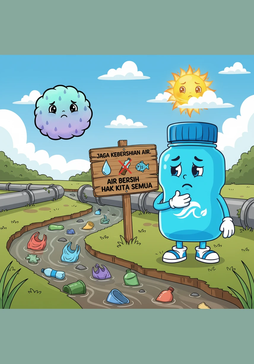 Saat mengikuti jalur pipa air yang panjang, Biru menemukan sebuah sungai kecil, namun airnya tampak keruh dan dipenuhi sampah plastik sekali pakai. Ia melihat sebuah papan peringatan yang mengajak semua orang untuk menjaga kebersihan air agar tetap layak digunakan. Biru merasa sedih melihat air yang kotor, namun hal itu justru membuatnya semakin bertekad untuk menemukan mata air yang masih murni.